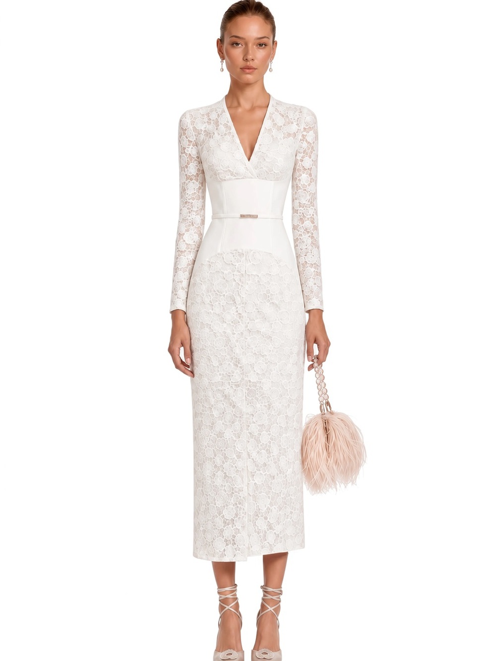 Long Sleeve White Lace Midi Dress with V-Neck